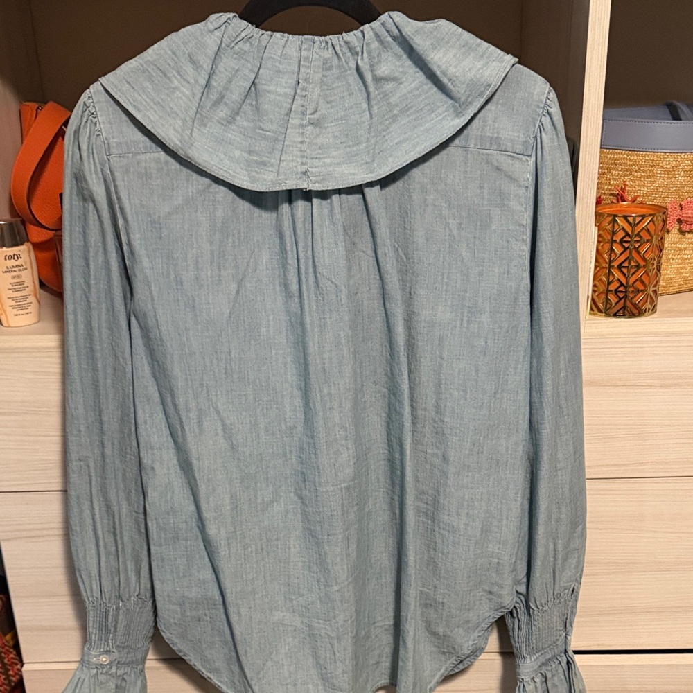 Polo by Ralph Lauren Chambray Ruffle Front Top in Light Blue - Picture 5 of 5